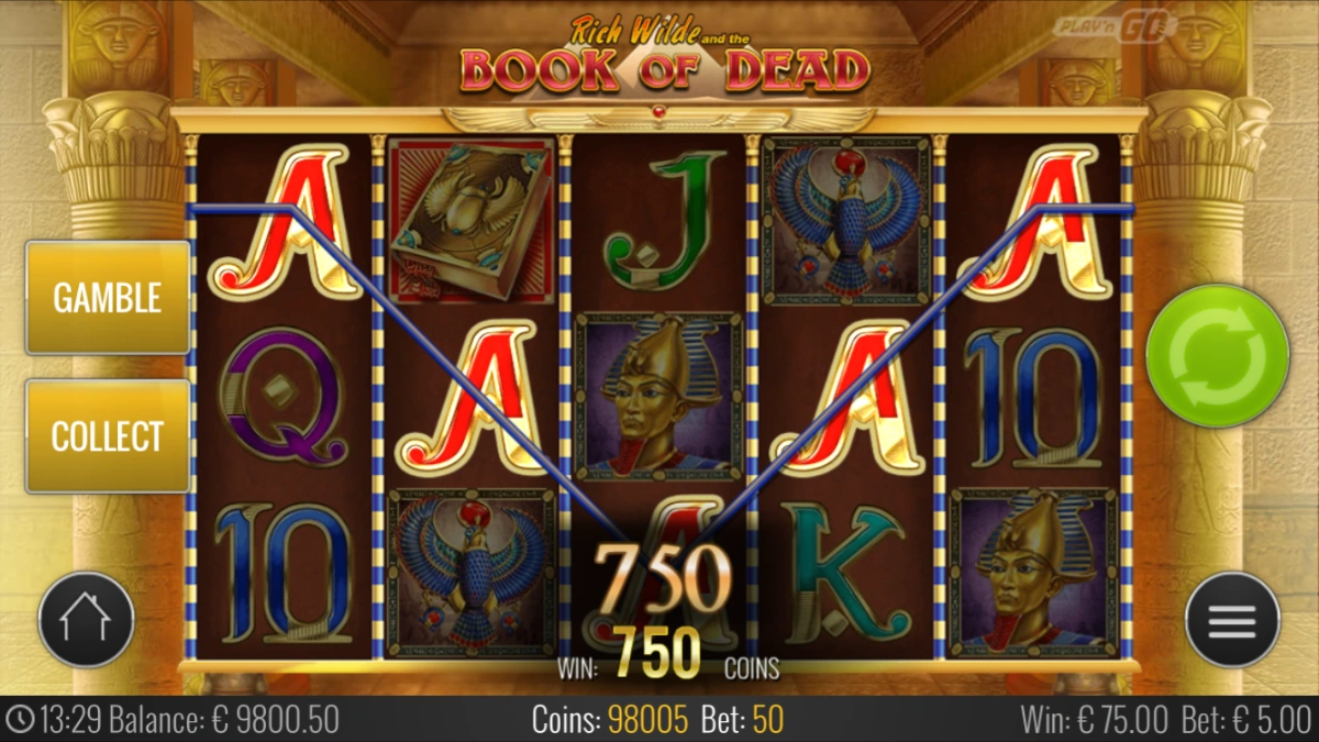 Slot machine Book of Dead con vincita di 750 monete