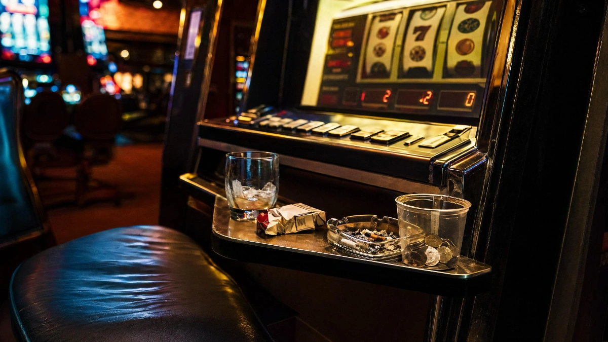 Slot machine con bicchieri e posacenere in casinò