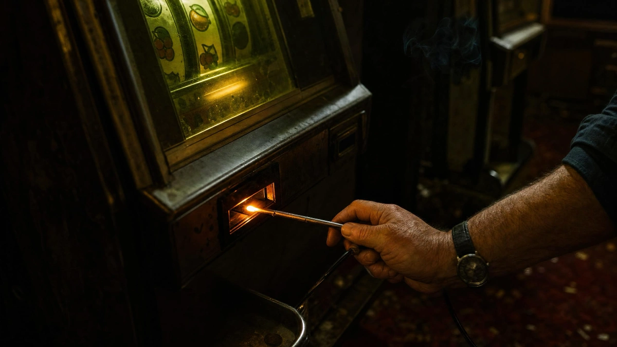 Uomo con torcia illumina slot machine vintage in ambiente buio